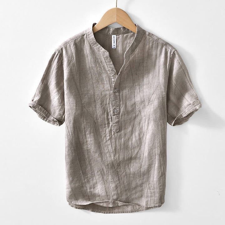 Buddha Stones Half Button Short Sleeve V-neck Ramie Cotton Men's Shirt - DarkKhaki - US/UK/AU44,EU54 (4XL) - image 7