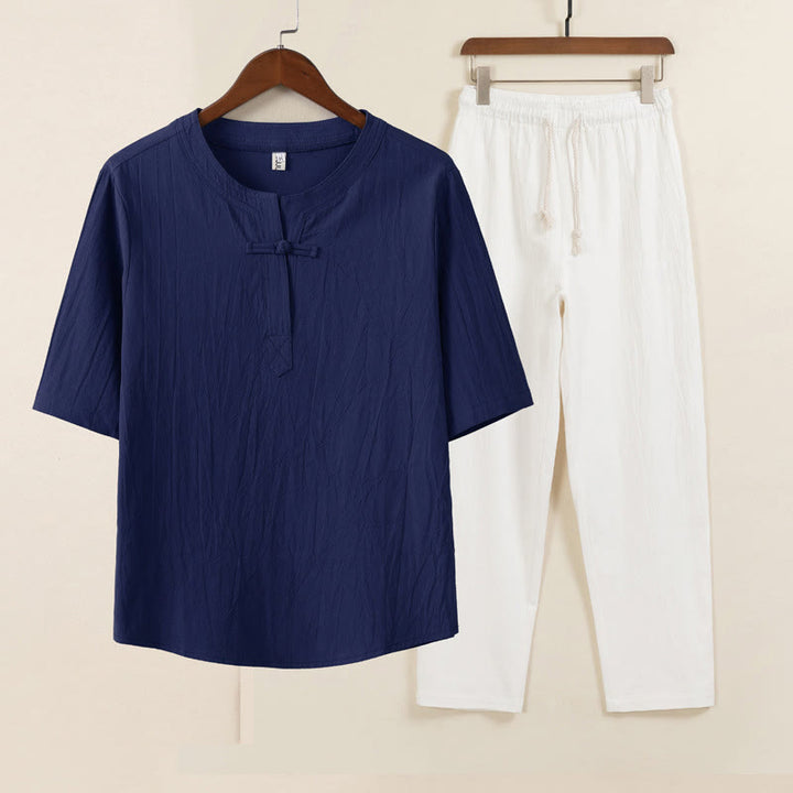 Buddha Stones 2Pcs Simple Design Chinese Frog-Button Shirt Drawstring Wide Leg Pants With Pockets Men's Meditation Cloth Set - Blue Shirt White Pants - US/UK/AU46,EU56 (5XL) - image 7