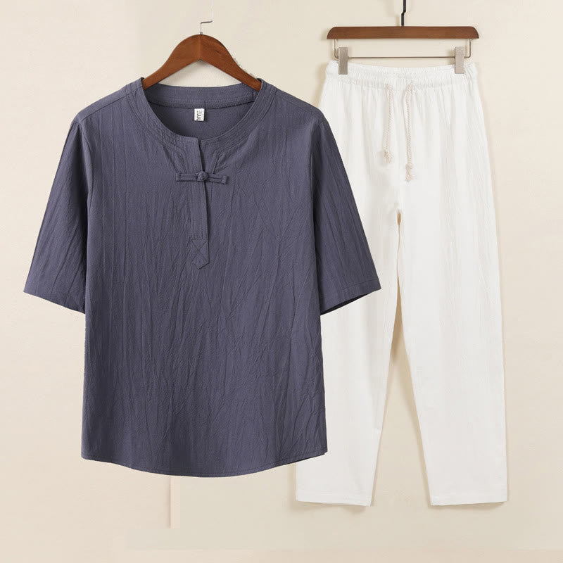 Buddha Stones 2Pcs Simple Design Chinese Frog-Button Shirt Drawstring Wide Leg Pants With Pockets Men's Meditation Cloth Set - Gray Shirt White Pants - US/UK/AU46,EU56 (5XL) - image 5
