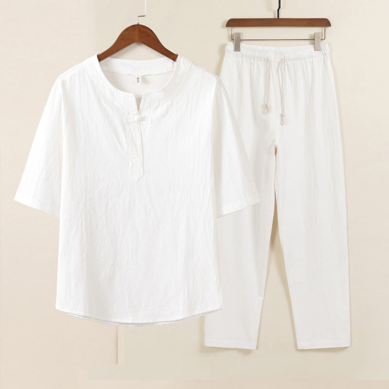 Buddha Stones 2Pcs Simple Design Chinese Frog-Button Shirt Drawstring Wide Leg Pants With Pockets Men's Meditation Cloth Set - White Shirt White Pants - US/UK/AU46,EU56 (5XL) - image 1