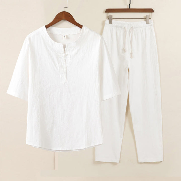 Buddha Stones 2Pcs Simple Design Chinese Frog-Button Shirt Drawstring Wide Leg Pants With Pockets Men's Meditation Cloth Set - White Shirt White Pants - US/UK/AU46,EU56 (5XL) - image 1