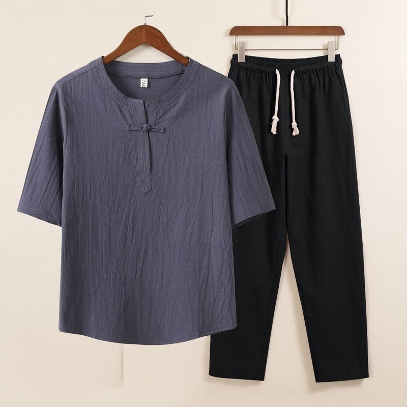 Buddha Stones 2Pcs Simple Design Chinese Frog-Button Shirt Drawstring Wide Leg Pants With Pockets Men's Meditation Cloth Set - Gray Shirt Black Pants - US/UK/AU46,EU56 (5XL) - image 0