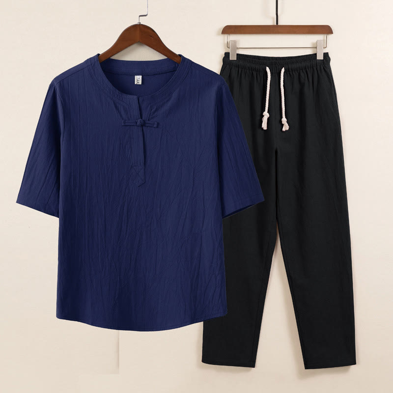 Buddha Stones 2Pcs Simple Design Chinese Frog-Button Shirt Drawstring Wide Leg Pants With Pockets Men's Meditation Cloth Set - Blue Shirt Black Pants - US/UK/AU46,EU56 (5XL) - image 6