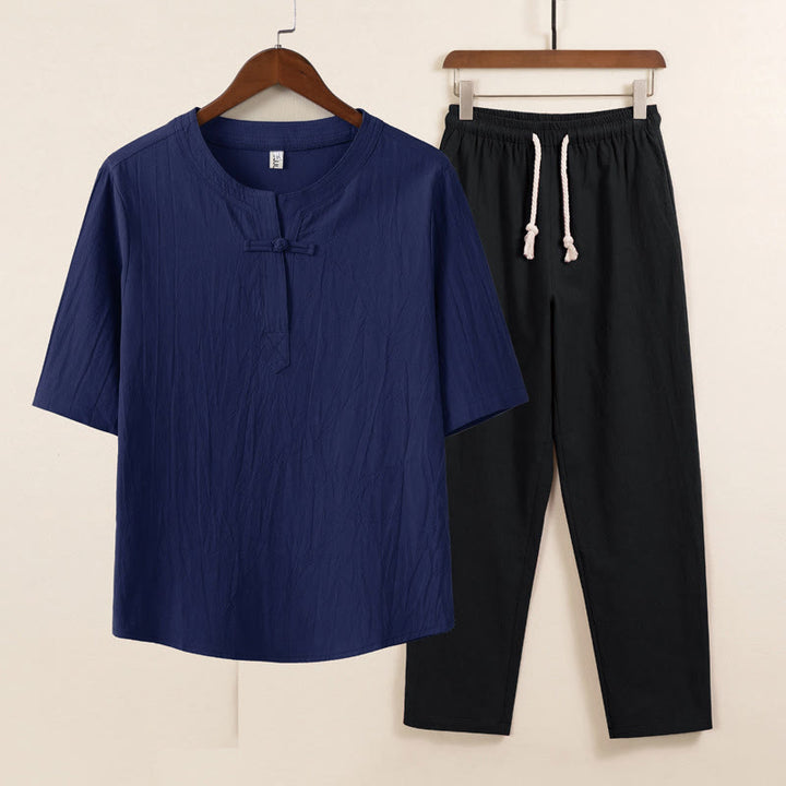 Buddha Stones 2Pcs Simple Design Chinese Frog-Button Shirt Drawstring Wide Leg Pants With Pockets Men's Meditation Cloth Set - Blue Shirt Black Pants - US/UK/AU46,EU56 (5XL) - image 6