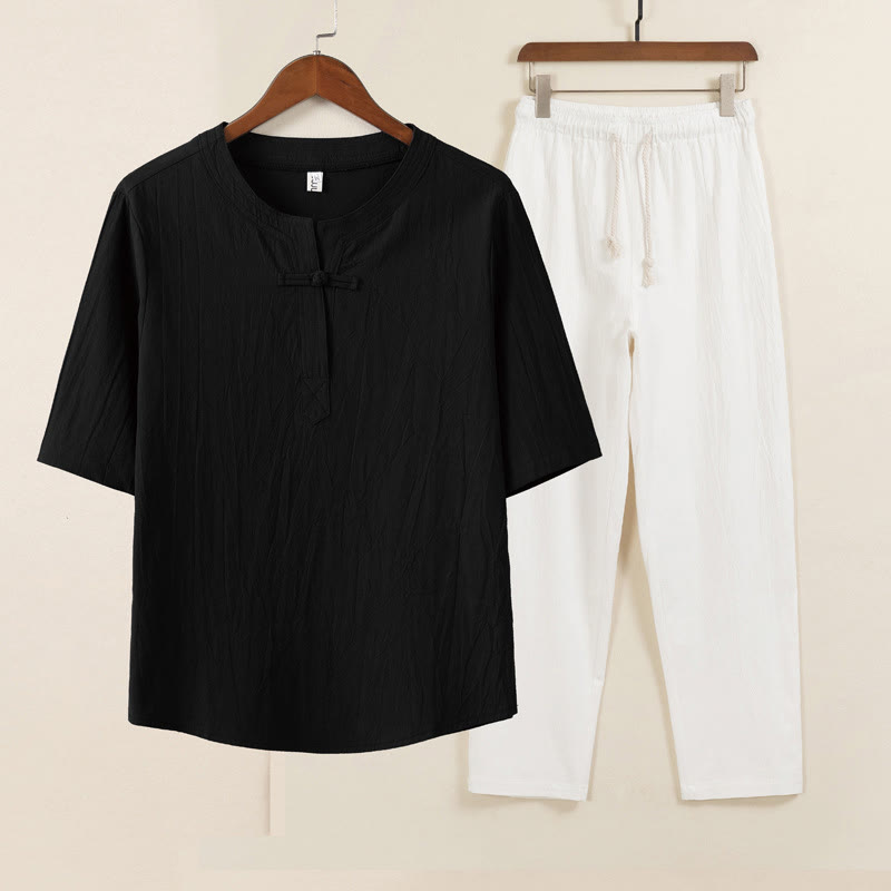 Buddha Stones 2Pcs Simple Design Chinese Frog-Button Shirt Drawstring Wide Leg Pants With Pockets Men's Meditation Cloth Set - Black Shirt White Pants - US/UK/AU46,EU56 (5XL) - image 4