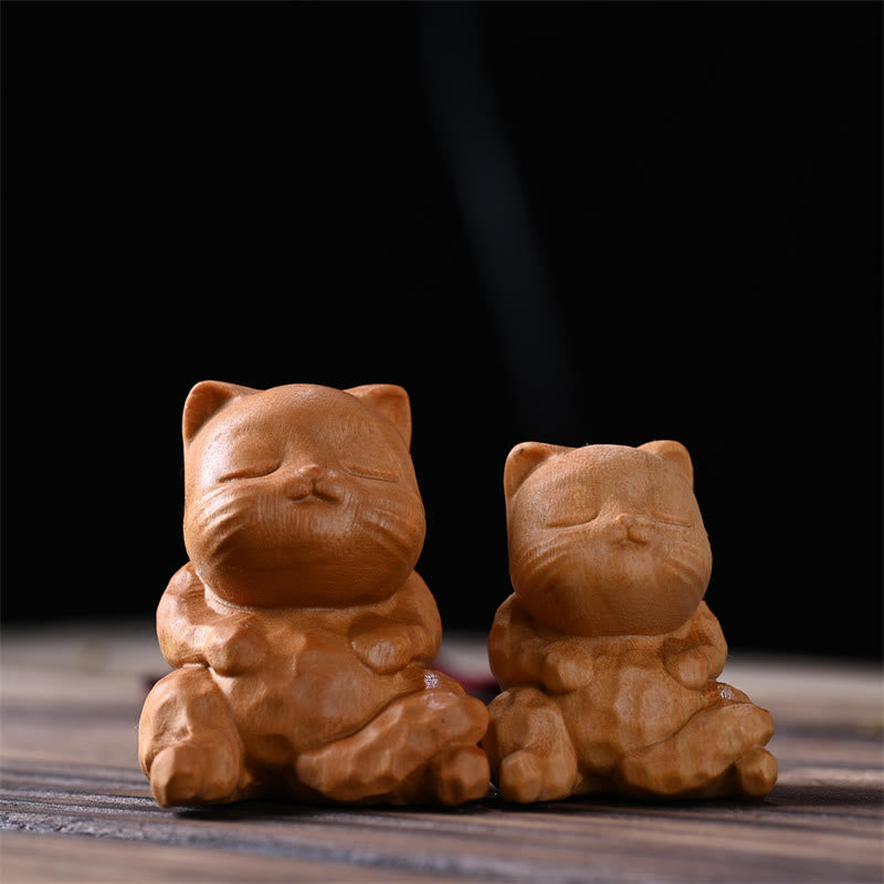 Buddha Stones Mini Cute Sitting Cat Sandalwood Protection Home Decoration - image 1