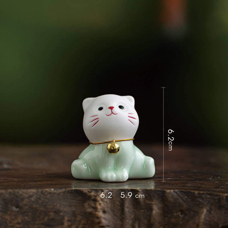 Buddha Stones Mini Lucky Cute Cat Light Green White Ceramic Figurine Decoration - Cat 6.2* 5.9 *6.2cm - image 5