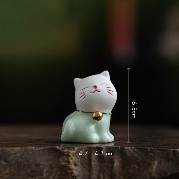 Buddha Stones Mini Lucky Cute Cat Light Green White Ceramic Figurine Decoration - Cat 4.7*4.3*6.5cm - image 3