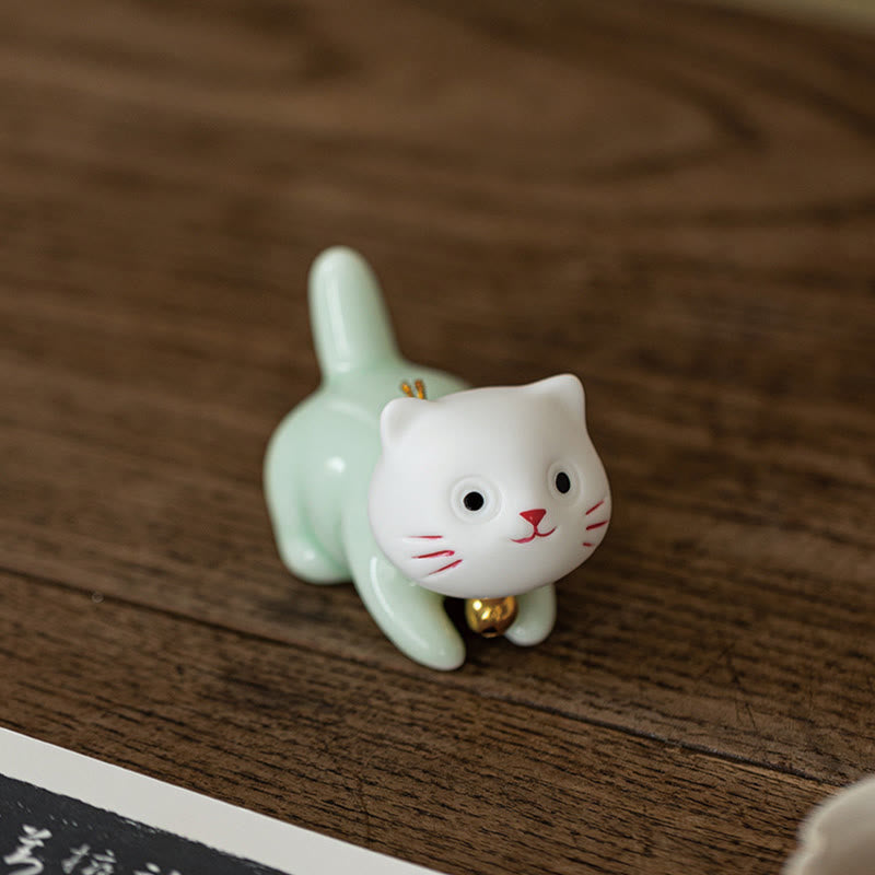 Buddha Stones Mini Lucky Cute Cat Light Green White Ceramic Figurine Decoration - image 16