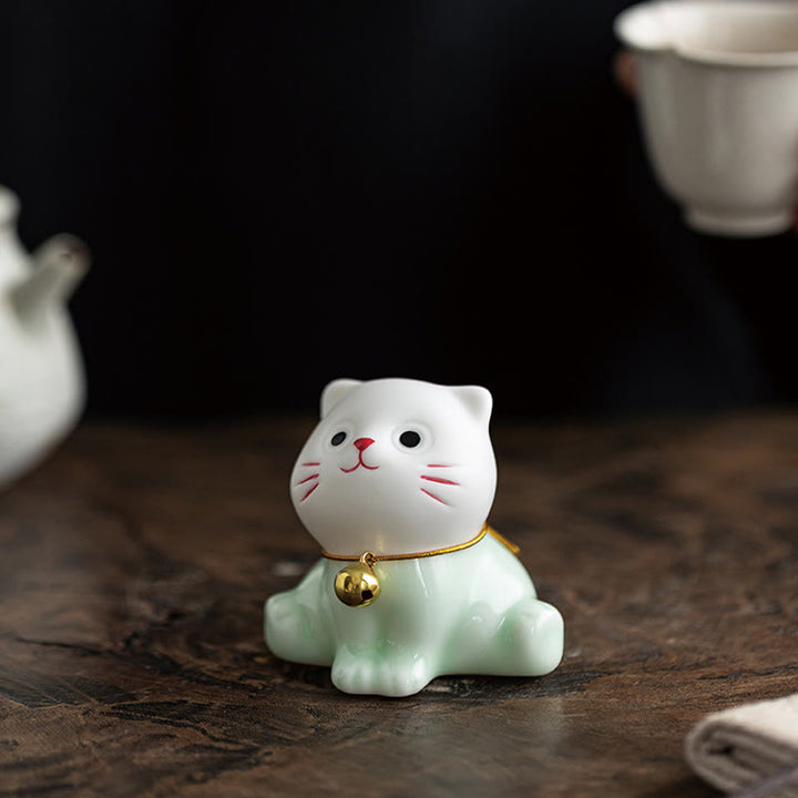 Buddha Stones Mini Lucky Cute Cat Light Green White Ceramic Figurine Decoration - image 8