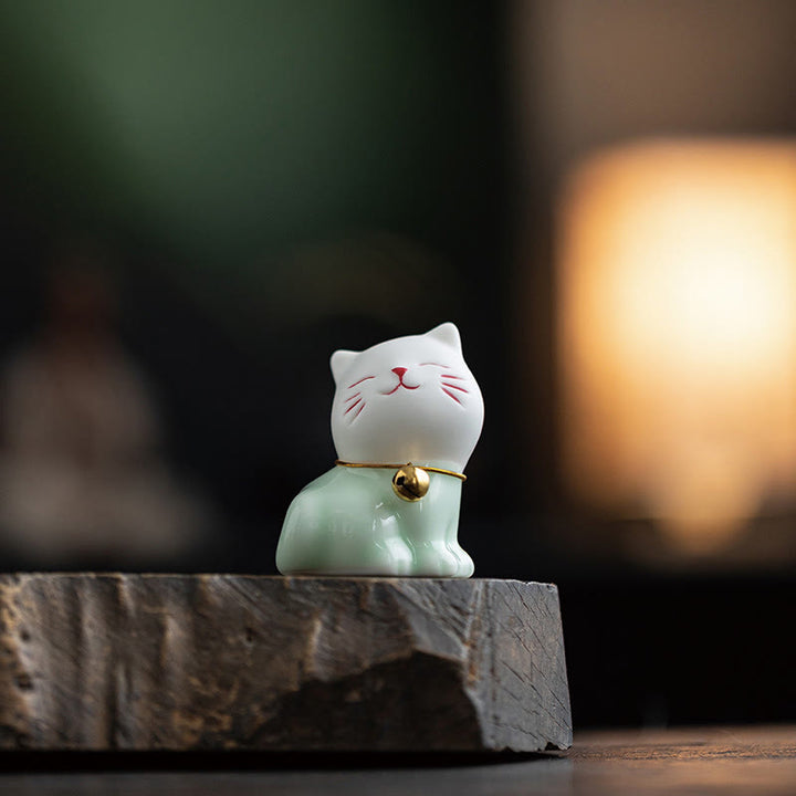 Buddha Stones Mini Lucky Cute Cat Light Green White Ceramic Figurine Decoration - image 4