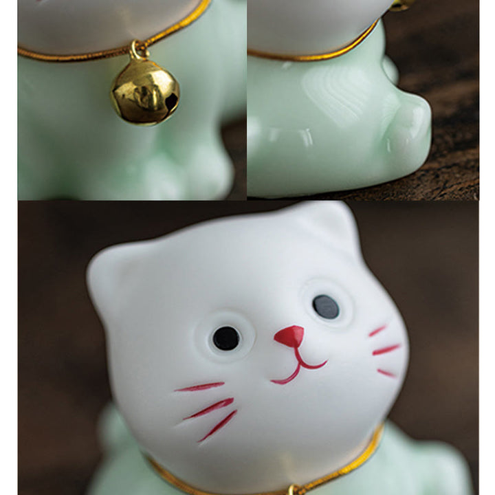 Buddha Stones Mini Lucky Cute Cat Light Green White Ceramic Figurine Decoration - image 12