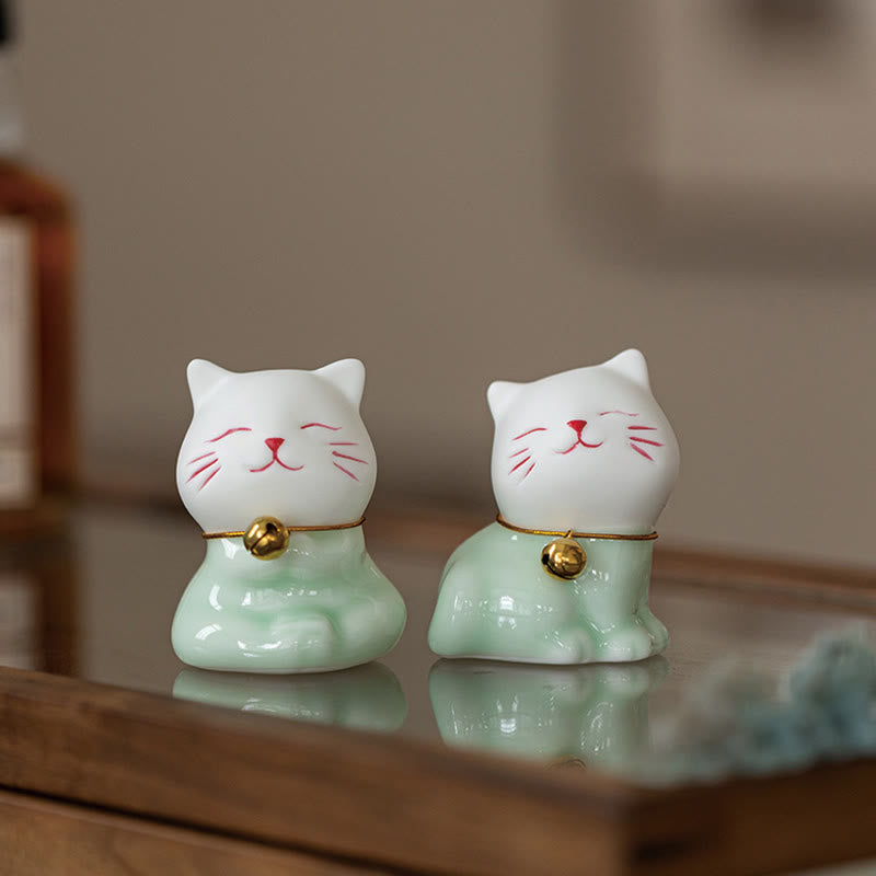 Buddha Stones Mini Lucky Cute Cat Light Green White Ceramic Figurine Decoration - image 20