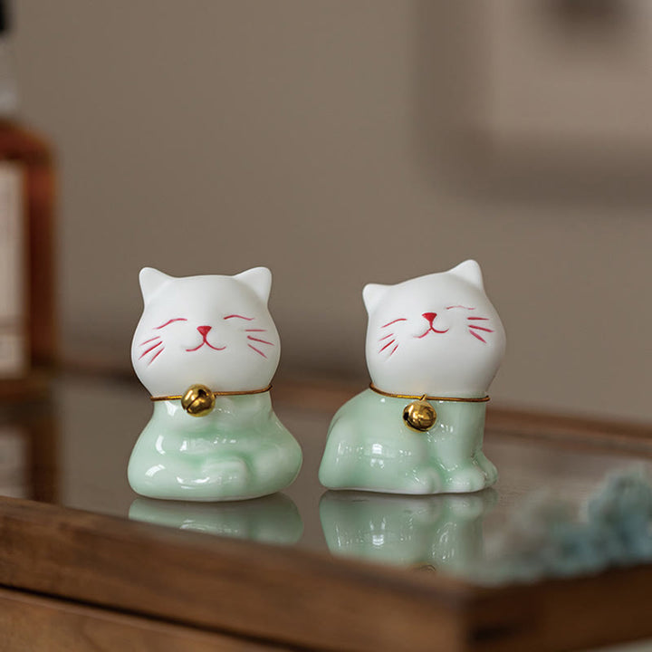 Buddha Stones Mini Lucky Cute Cat Light Green White Ceramic Figurine Decoration - image 20