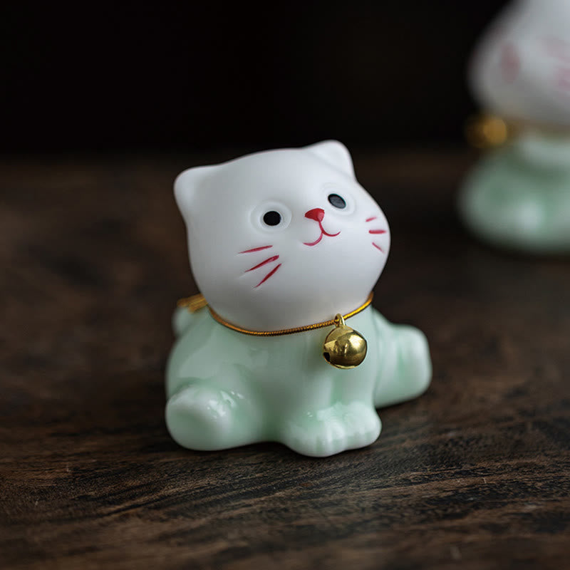 Buddha Stones Mini Lucky Cute Cat Light Green White Ceramic Figurine Decoration - image 6