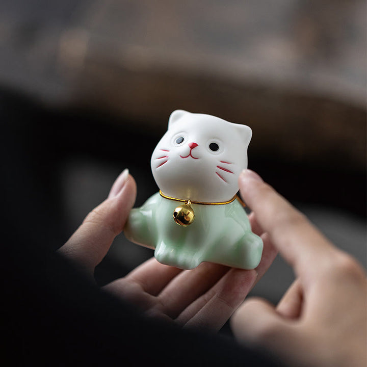 Buddha Stones Mini Lucky Cute Cat Light Green White Ceramic Figurine Decoration - image 9
