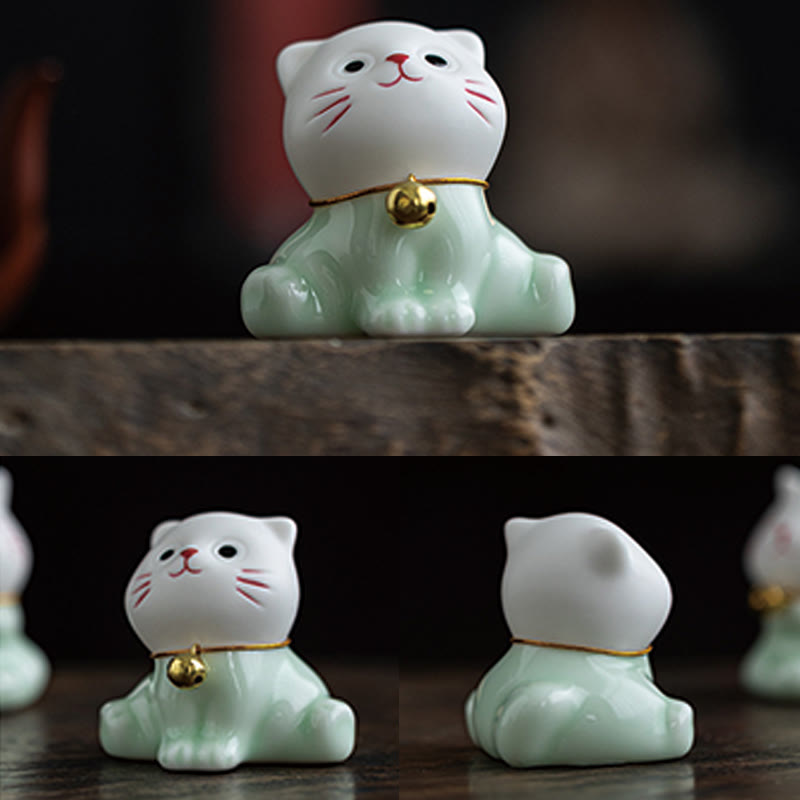 Buddha Stones Mini Lucky Cute Cat Light Green White Ceramic Figurine Decoration - image 11