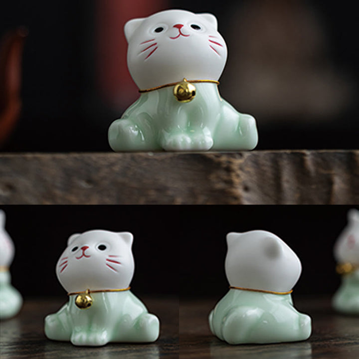 Buddha Stones Mini Lucky Cute Cat Light Green White Ceramic Figurine Decoration - image 11
