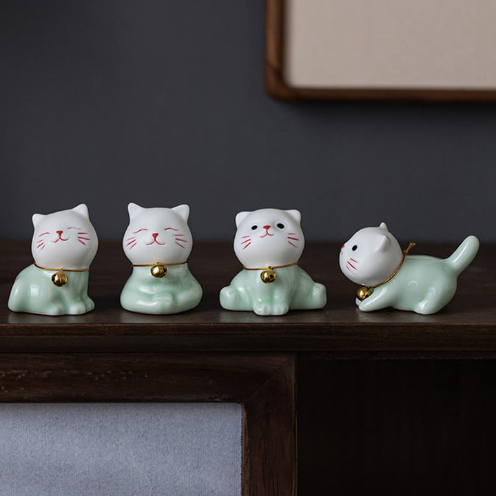 Buddha Stones Mini Lucky Cute Cat Light Green White Ceramic Figurine Decoration - image 2