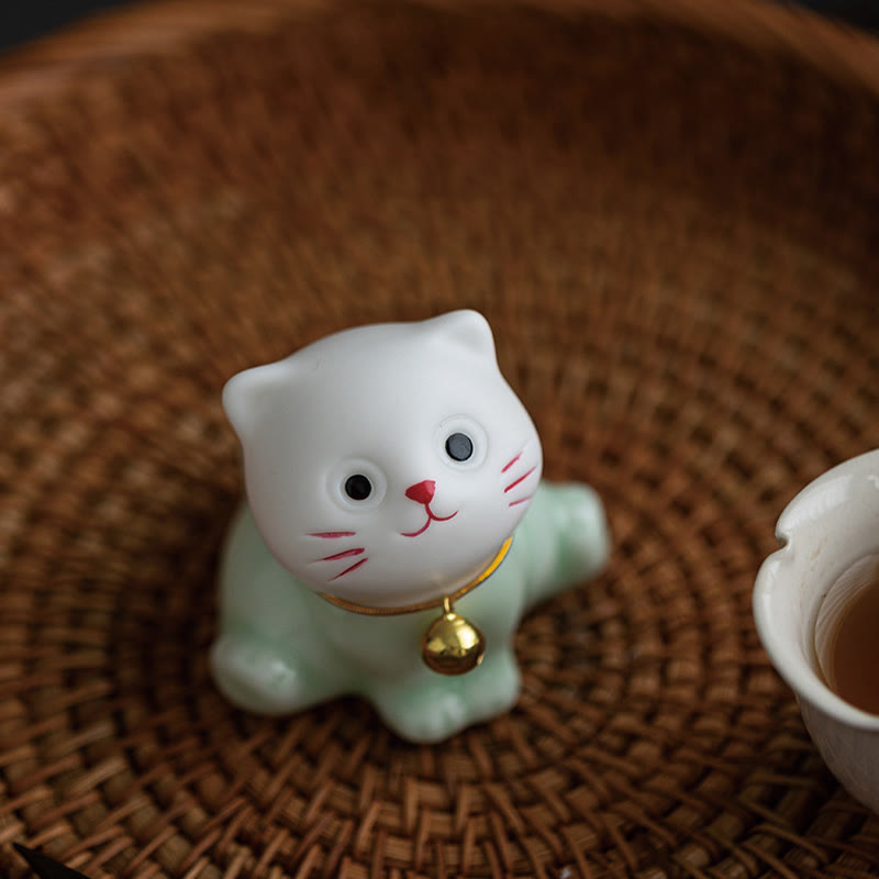 Buddha Stones Mini Lucky Cute Cat Light Green White Ceramic Figurine Decoration - image 10