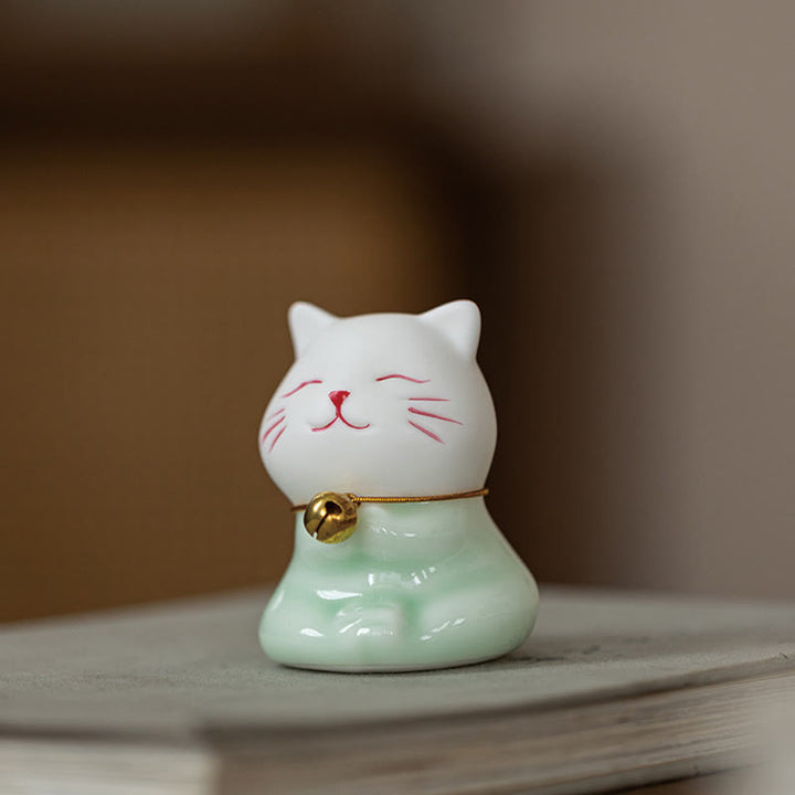 Buddha Stones Mini Lucky Cute Cat Light Green White Ceramic Figurine Decoration - image 19