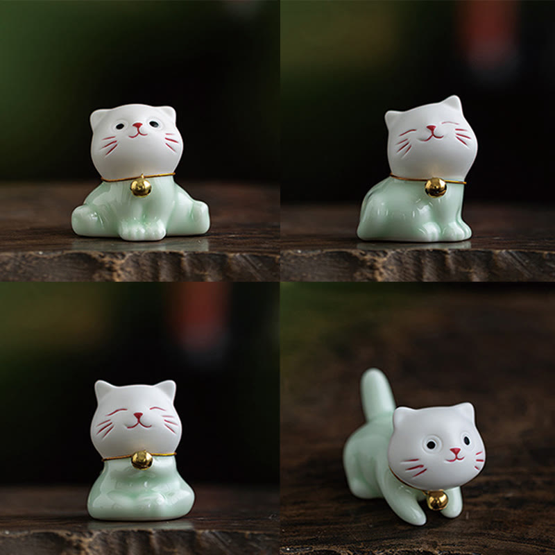 Buddha Stones Mini Lucky Cute Cat Light Green White Ceramic Figurine Decoration - image 22