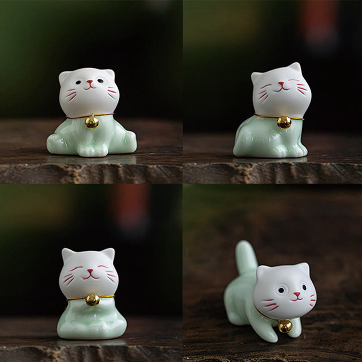 Buddha Stones Mini Lucky Cute Cat Light Green White Ceramic Figurine Decoration - image 22