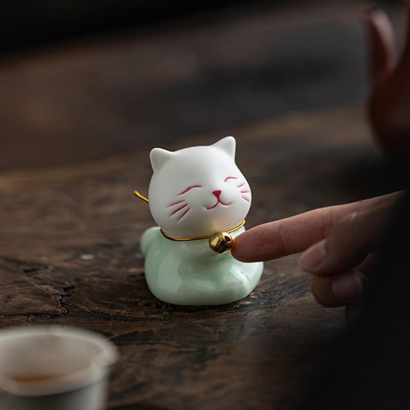 Buddha Stones Mini Lucky Cute Cat Light Green White Ceramic Figurine Decoration - image 18