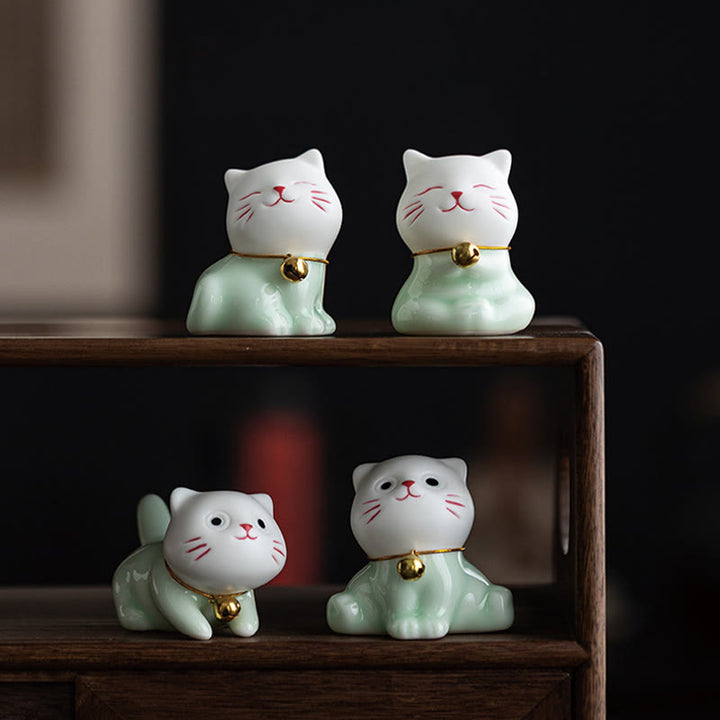 Buddha Stones Mini Lucky Cute Cat Light Green White Ceramic Figurine Decoration - image 21
