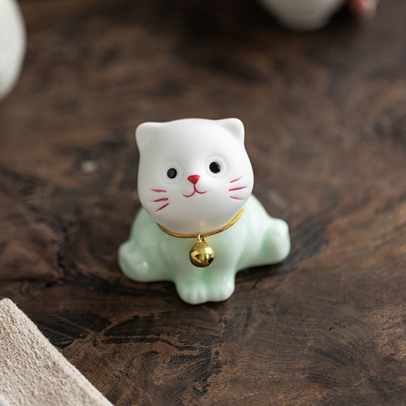 Buddha Stones Mini Lucky Cute Cat Light Green White Ceramic Figurine Decoration - image 7