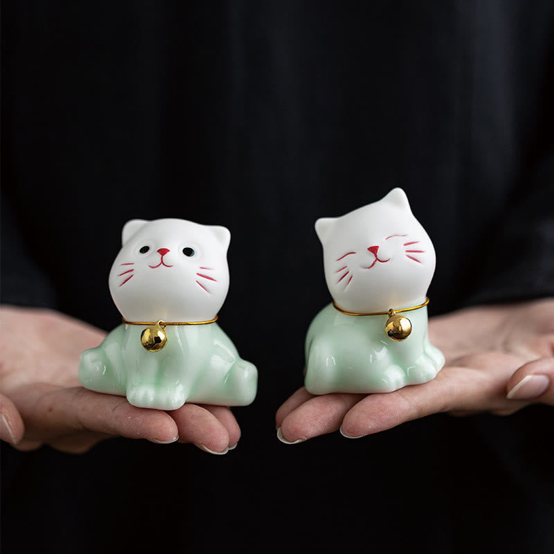Buddha Stones Mini Lucky Cute Cat Light Green White Ceramic Figurine Decoration - image 1