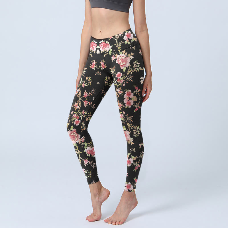 Buddha Stones Rose Flower Leaf Print Gym Leggings Women's Yoga Pants - Black - US18,UK/AU22,EU50 (4XL) - image 1