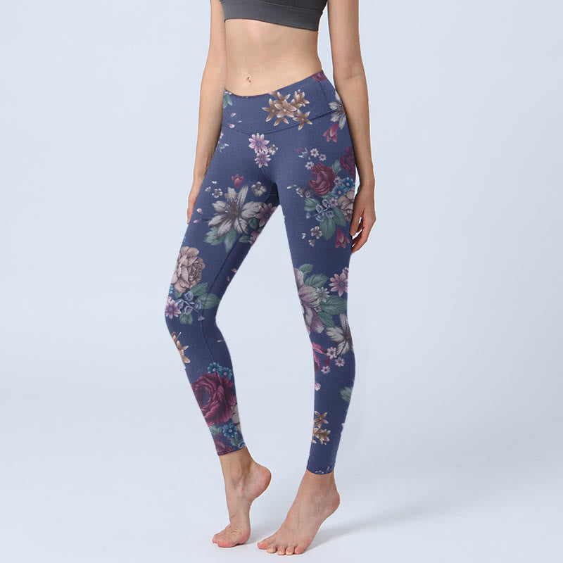 Buddha Stones Red Rose Peony Chrysanthemum Print Gym Leggings Women's Yoga Pants - SlateBlue - US18,UK/AU22,EU50 (4XL) - image 1