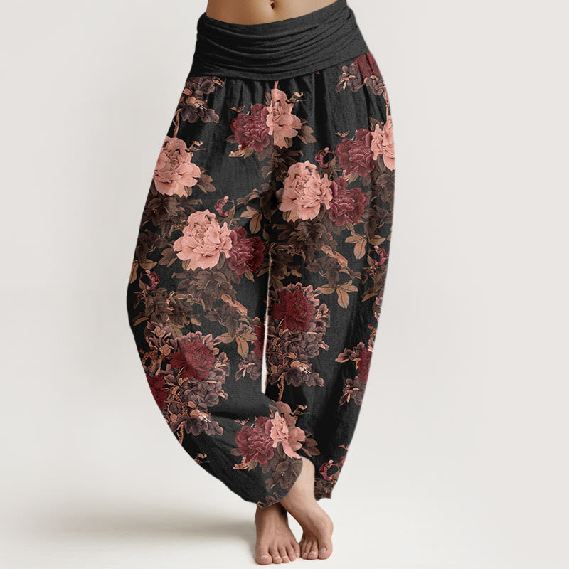 Buddha Stones Casual Lush Peony Flowers Leaf Pattern Women's Elastic Waist Harem Pants - Black - US22,UK/AU26,EU54 (6XL) - image 1