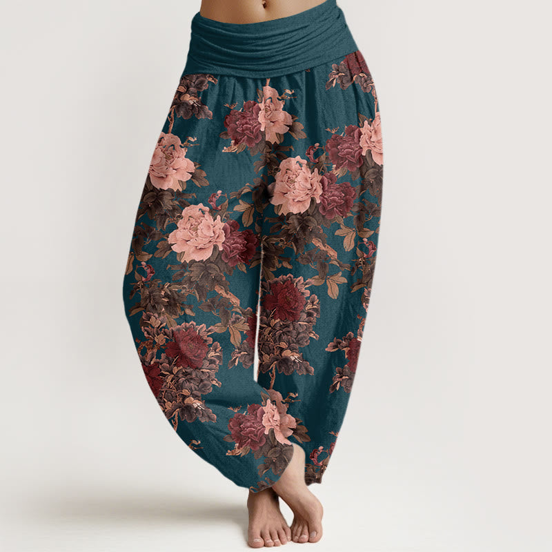 Buddha Stones Casual Lush Peony Flowers Leaf Pattern Women's Elastic Waist Harem Pants - SteelBlue - US22,UK/AU26,EU54 (6XL) - image 8