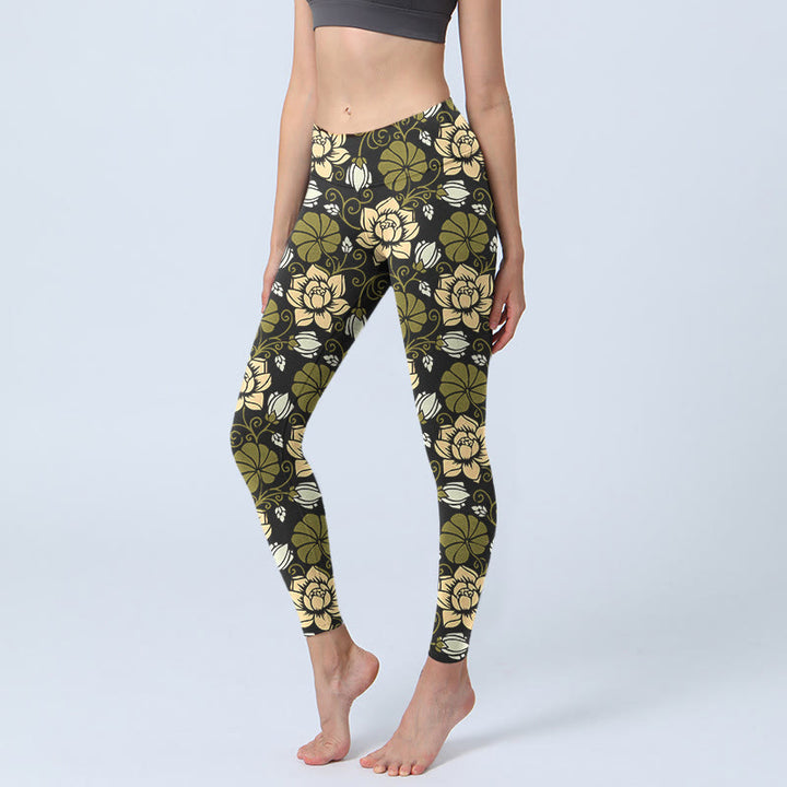 Buddha Stones Yellow Flowers Green Leaves Print Gym Fitness Leggings Women's Yoga Pants - DarkKhaki - US18,UK/AU22,EU50 (4XL) - image 1