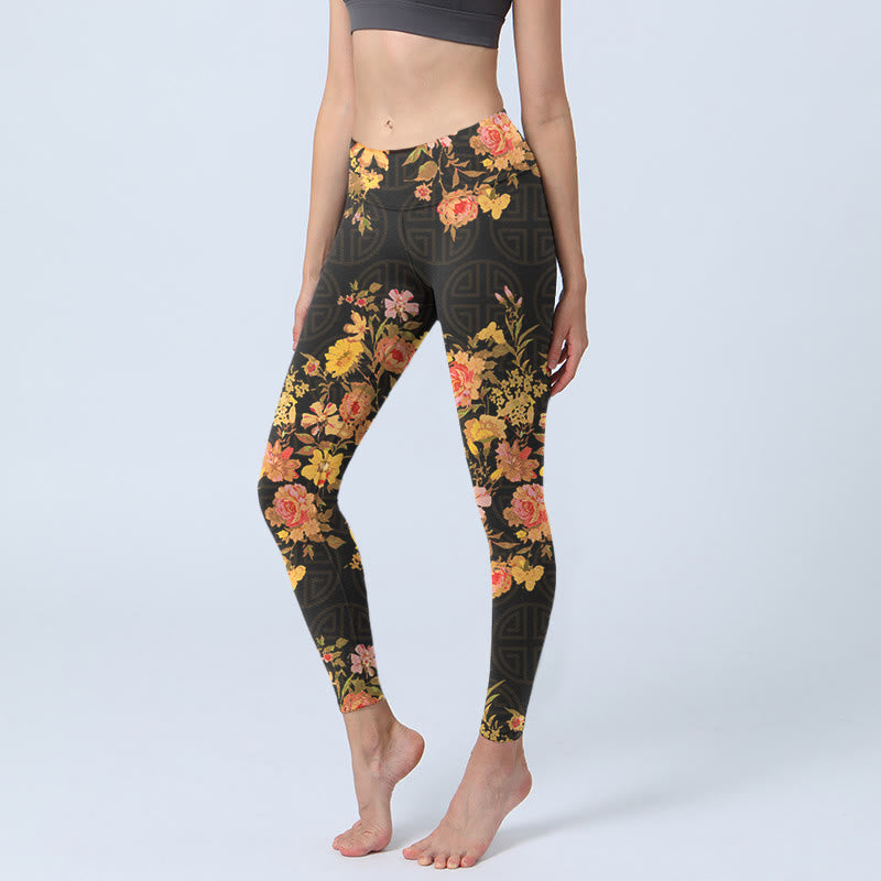 Buddha Stones Yellow Pink Flowers Green Leaves Print Gym Fitness Leggings Women's Yoga Pants - Black - US18,UK/AU22,EU50 (4XL) - image 1