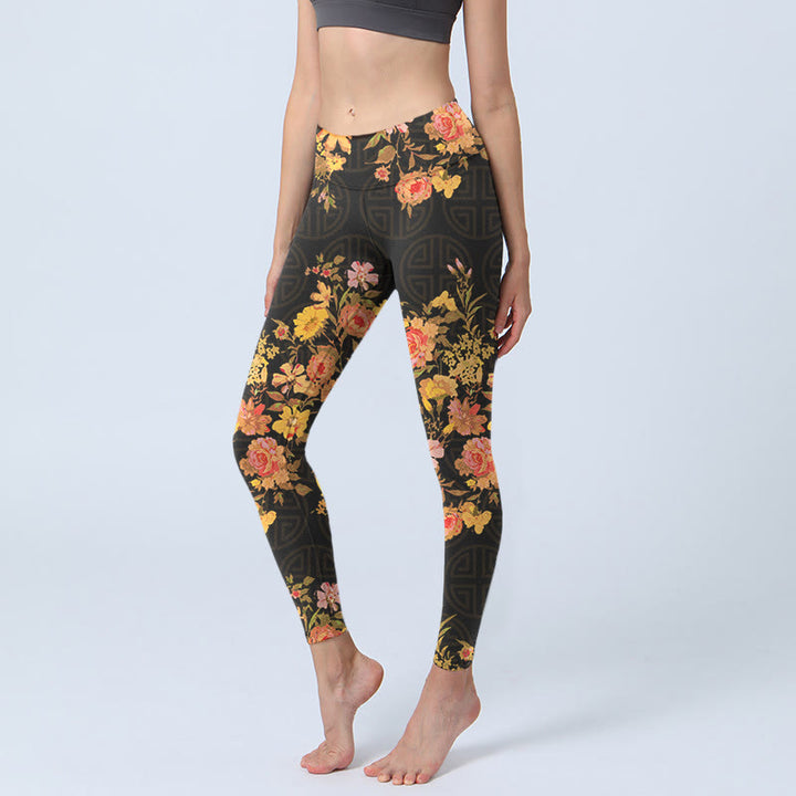 Buddha Stones Yellow Pink Flowers Green Leaves Print Gym Fitness Leggings Women's Yoga Pants - Black - US18,UK/AU22,EU50 (4XL) - image 1