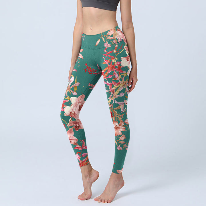 Buddha Stones Green Pink Flowers Print Gym Fitness Leggings Women's Yoga Pants - MediumAquamarine - US18,UK/AU22,EU50 (4XL) - image 1