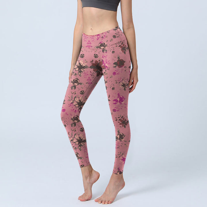 Buddha Stones Red Roses Pink Leaves Print Sports Fitness Leggings Women's Yoga Pants - PaleVioletRed - US18,UK/AU22,EU50 (4XL) - image 1