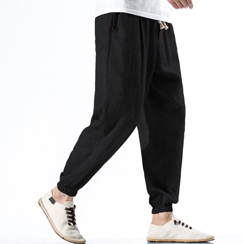 Buddha Stones Casual Solid Color Drawstring Linen Men's Pants With Pockets - image 11