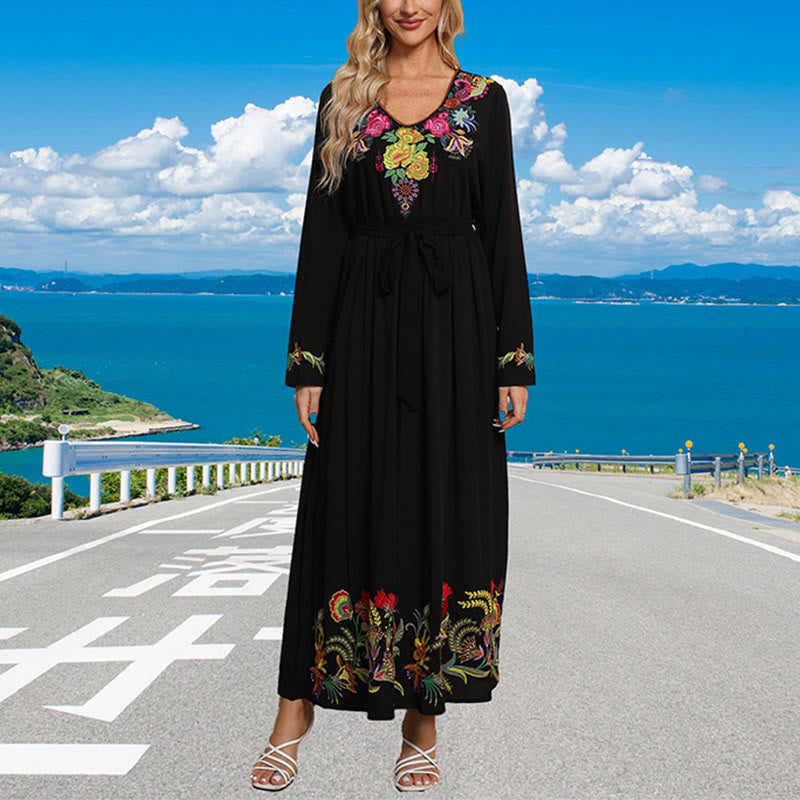 Buddha Stones Black Solid Color Loose Ethnic Embroidery Floral Pattern Cotton Maxi Dress