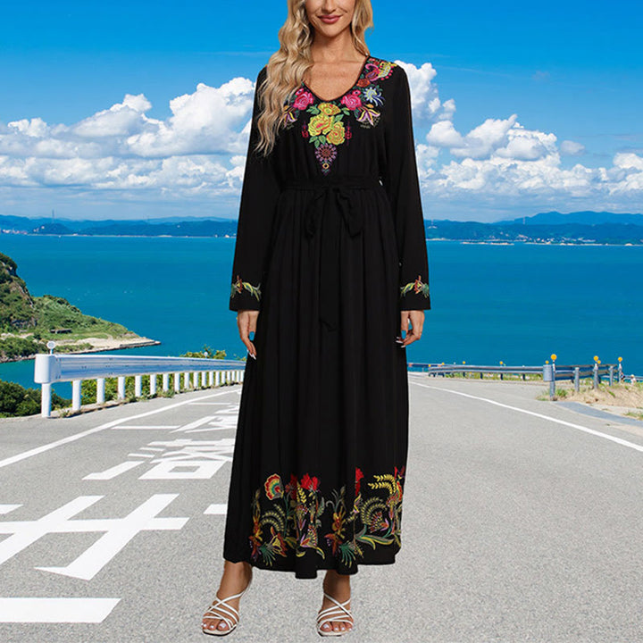 Buddha Stones Black Solid Color Loose Ethnic Embroidery Floral Pattern Cotton Maxi Dress