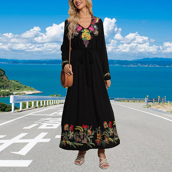 Buddha Stones Black Solid Color Loose Ethnic Embroidery Floral Pattern Cotton Maxi Dress