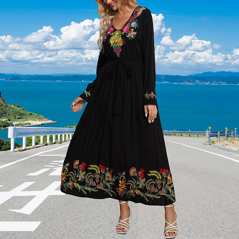 Buddha Stones Black Solid Color Loose Ethnic Embroidery Floral Pattern Cotton Maxi Dress
