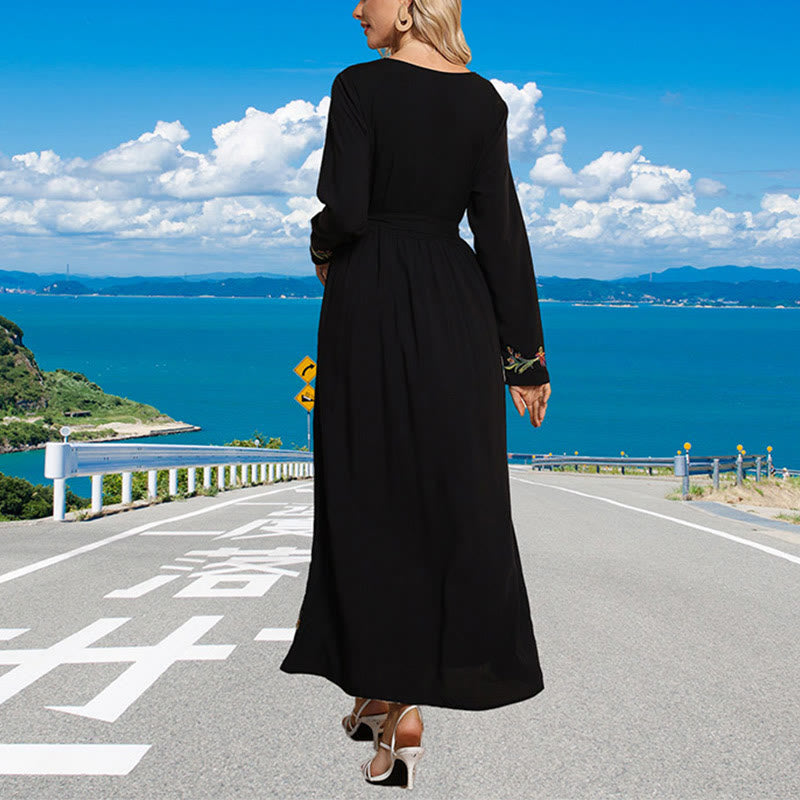 Buddha Stones Black Solid Color Loose Ethnic Embroidery Floral Pattern Cotton Maxi Dress