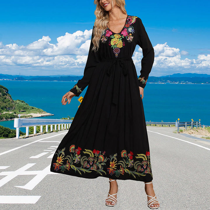 Buddha Stones Black Solid Color Loose Ethnic Embroidery Floral Pattern Cotton Maxi Dress