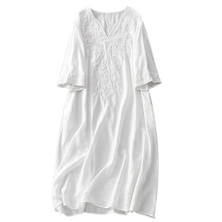 Buddha Stones Summer White Pure Color Embroidery Leaf Flower V-Neck Short Sleeve Midi Dress With Pockets - image 13
