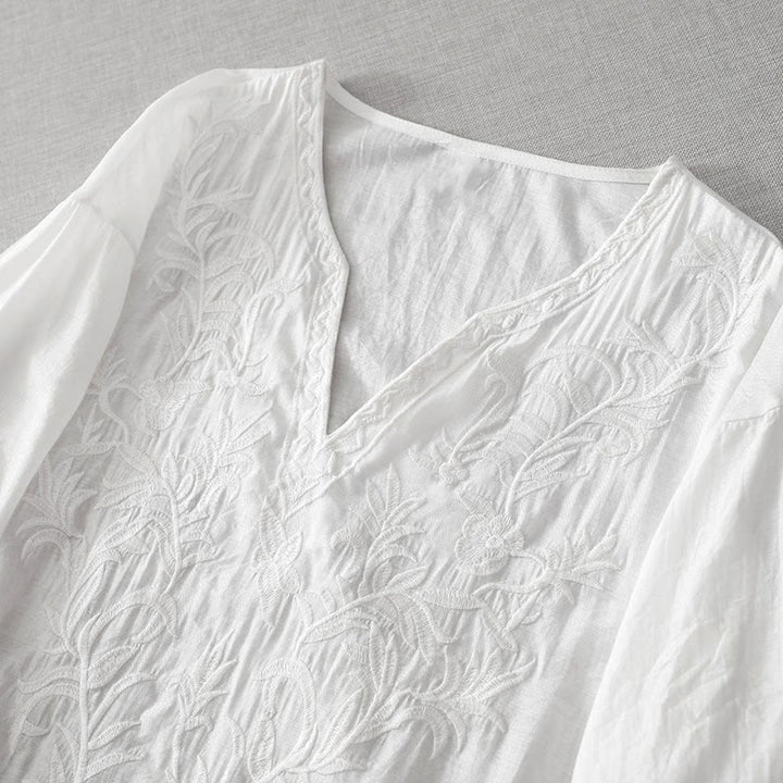 Buddha Stones Summer White Pure Color Embroidery Leaf Flower V-Neck Short Sleeve Midi Dress With Pockets - image 3