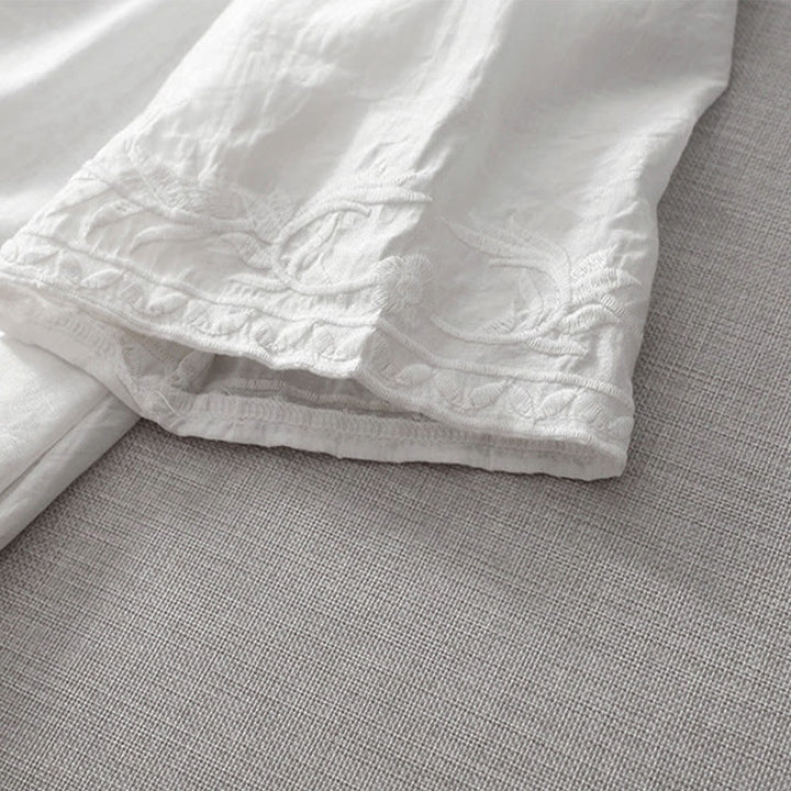 Buddha Stones Summer White Pure Color Embroidery Leaf Flower V-Neck Short Sleeve Midi Dress With Pockets - image 11